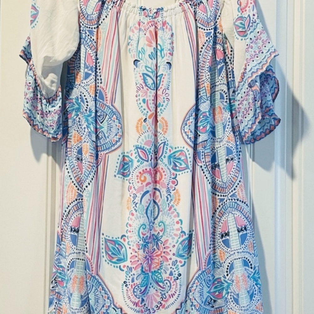 Lilly Pulitzer White Dress with Blue, Pink & Orange Medallion Print
